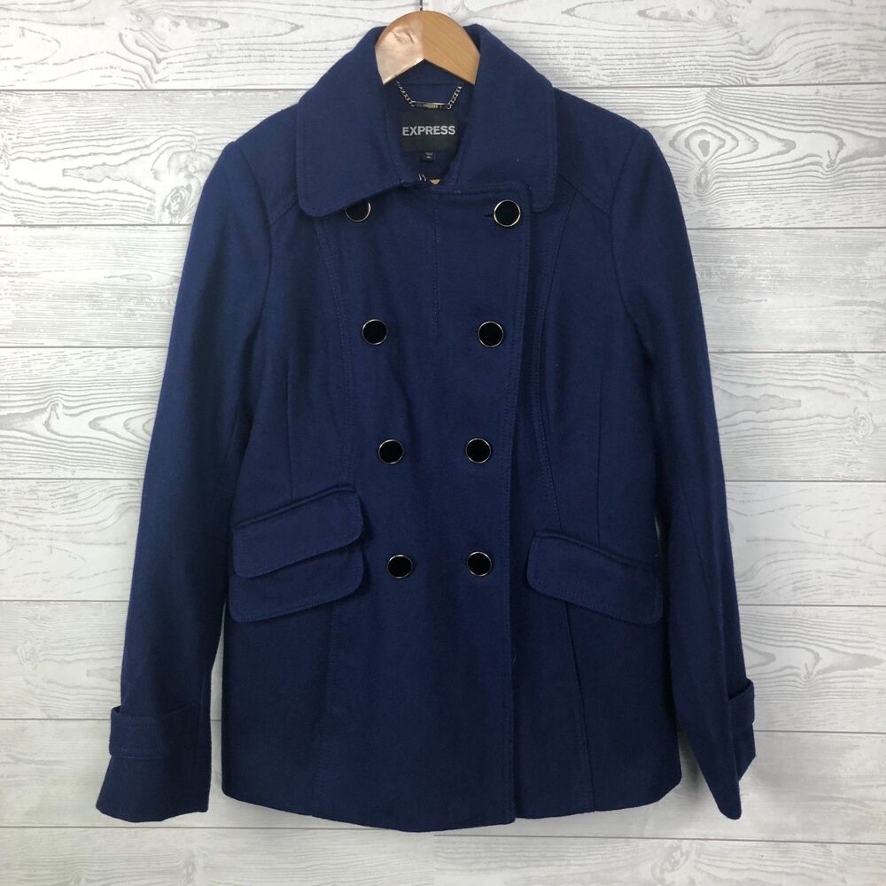 Express Women's Medium Double Breasted Wool Blend Pea Coat Long Sleeve Blue